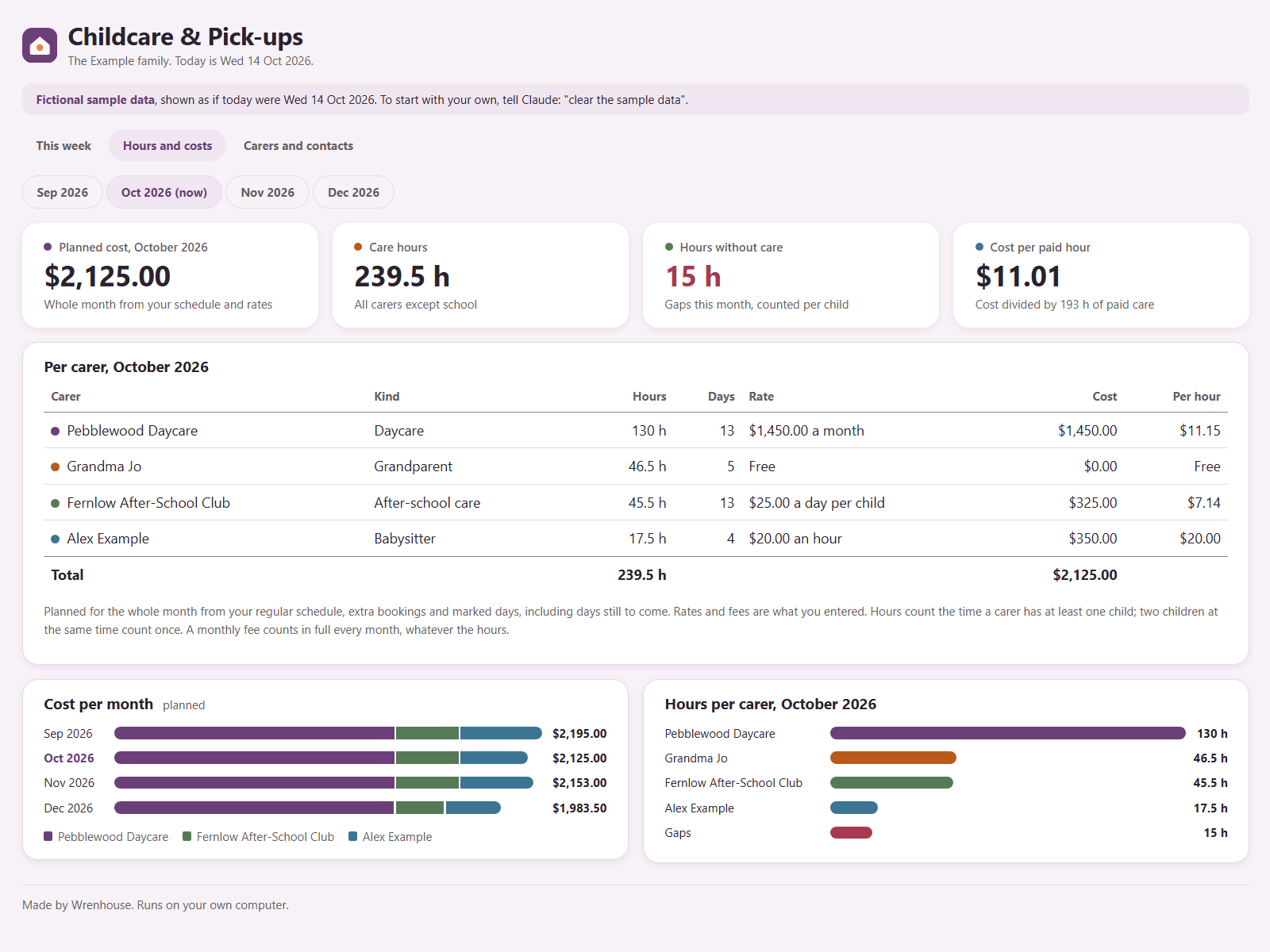 Childcare & Pick-ups: second view, real screenshot with sample data