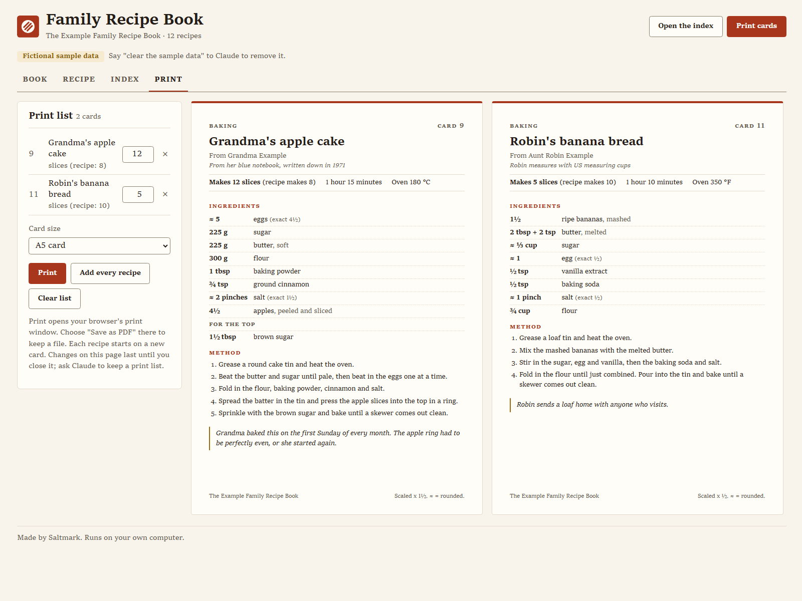 Family Recipe Book: second view, real screenshot with sample data
